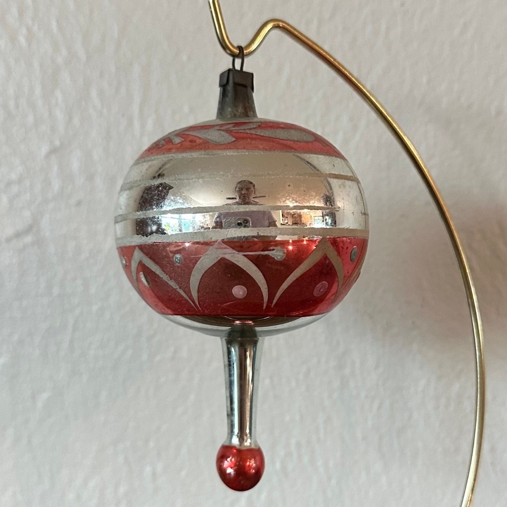 Vintage German Mercury Glass Finial Balloon Christmas Ornament Red Silver 5''